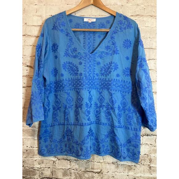 Amaya Tunic Top Womens XL ? Blue All Over Embroidery Cotton Lightweight V Neck - Picture 1 of 15